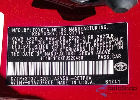 2015 Toyota Camry Xse z USA, uszkodzony, nr VIN 4T1BF1FKXFU920480